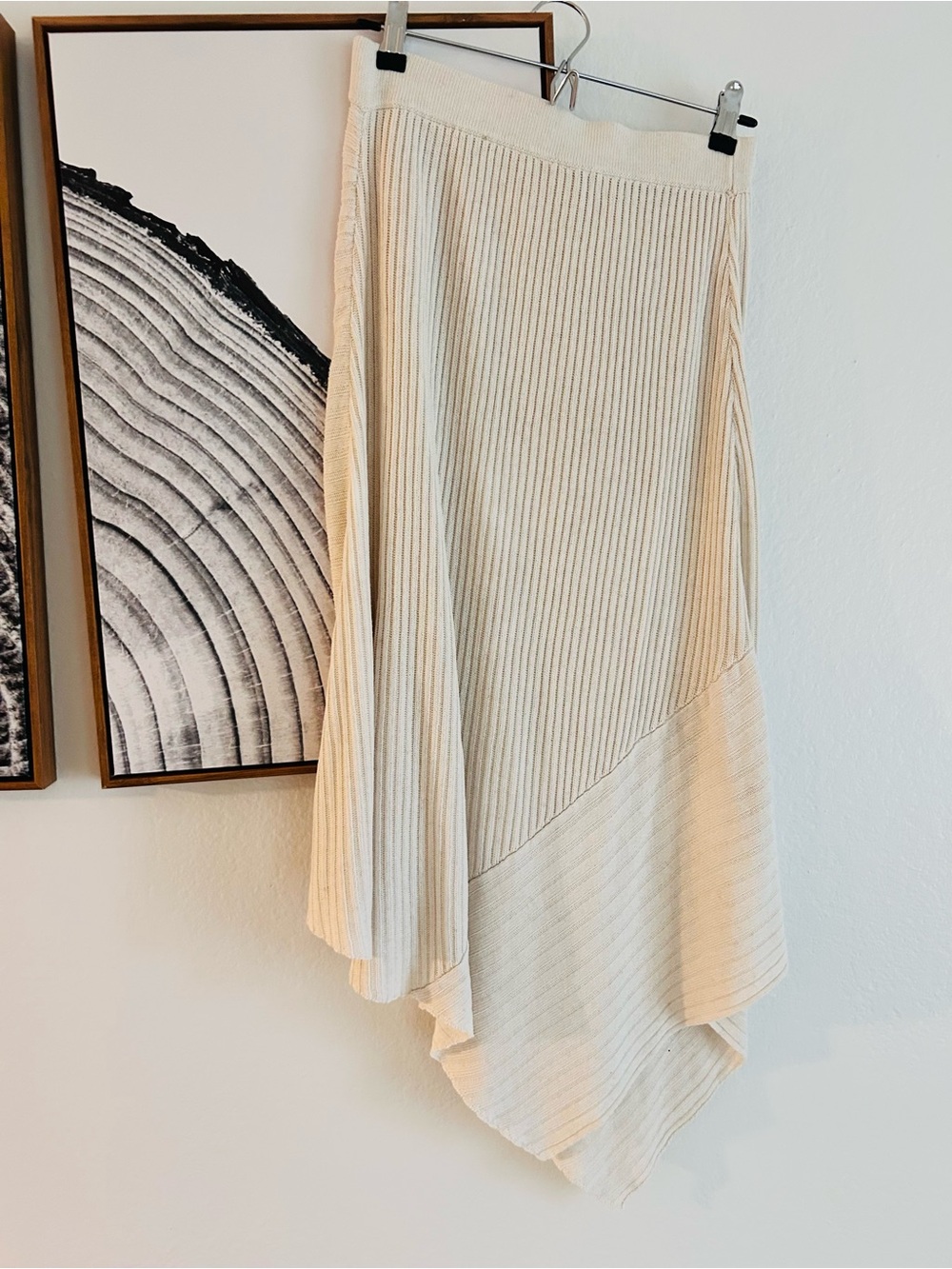 Zara Cream Knot Ribbed Asymmetric Midi Skirt L